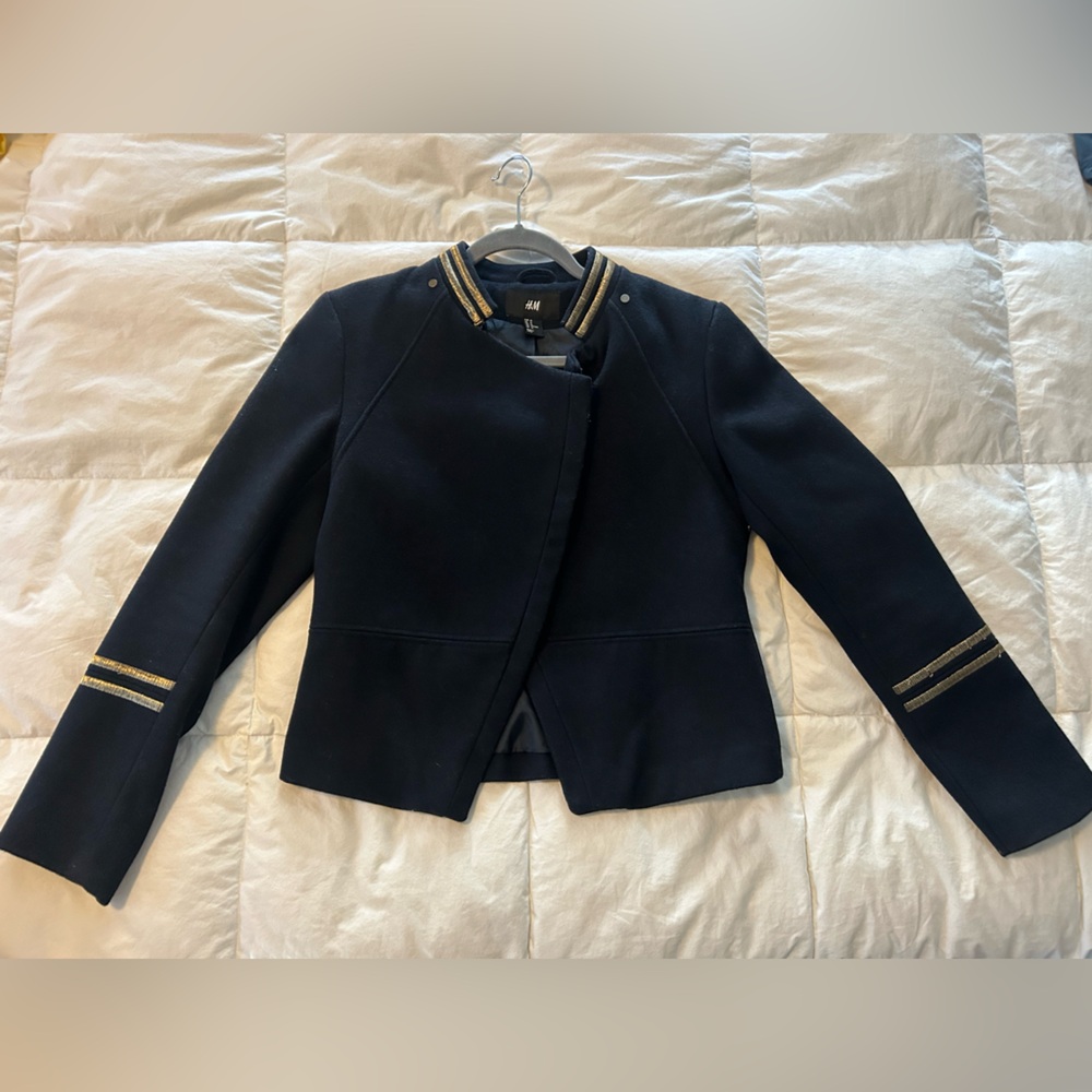 H&M Black Wool Blend Coat with Gold Trim – Size 12